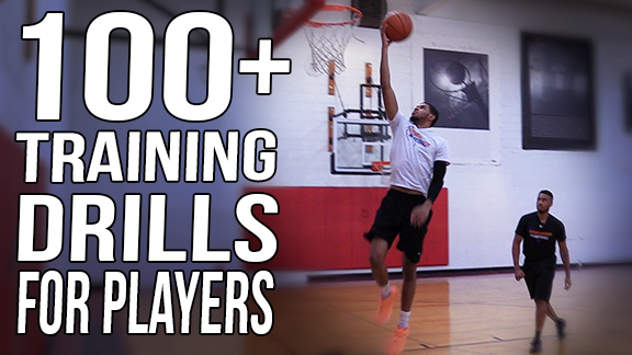 Text:100+ Training Drills for Players, Image player completing lay-up drill